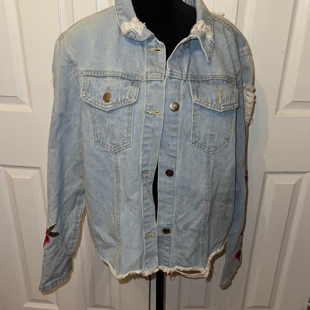Say What? Light Blue Denim Jacket with Red Floral Accents - Picture 1 of 9
